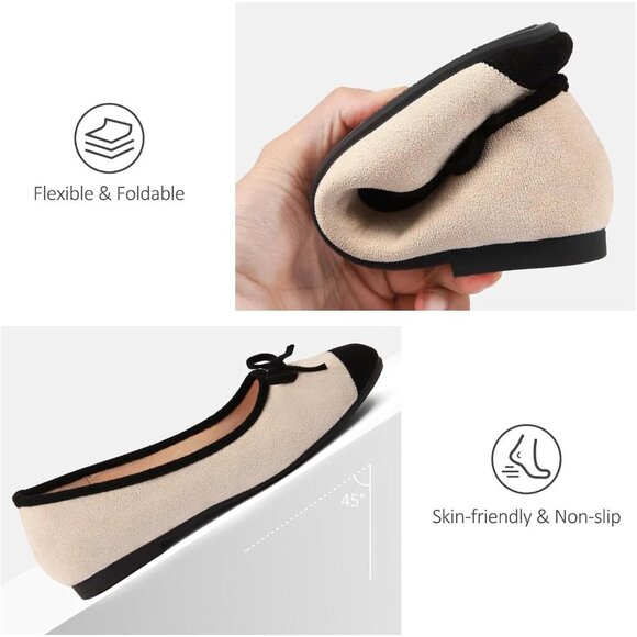 🆕Women Apricot Faux Suede Cap Toe Bow Slip On Flats Square Toe Dressy Shoes - Picture 6 of 7